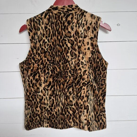 Leopard Print Faux Fur Zip-Up Vest Sleeveless S By Jordan Polyester Womens - Picture 4 of 6